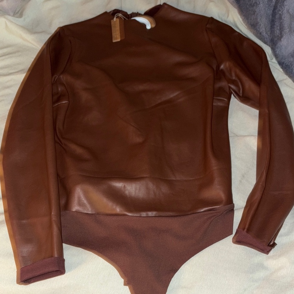 Brown One Piece Bodysuit with Long Sleeves and High Neckline
